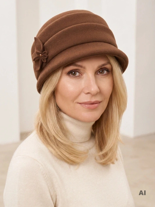 Elegancki kapelusz zimowy damski cloche rudy – ocieplany fason z regulacją i ozdobnym akcentem 42435