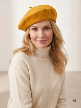 Elegancki beret damski francuski żółty – ciepła wełna merino z antenką na chłodne dni 40882