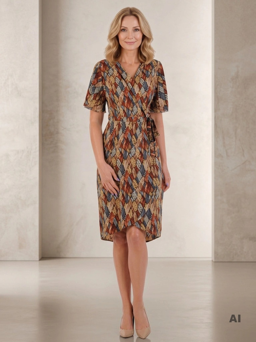 Elegancka sukienka wizytowa midi w modny print – prosty fason wysmuklający sylwetkę 20542