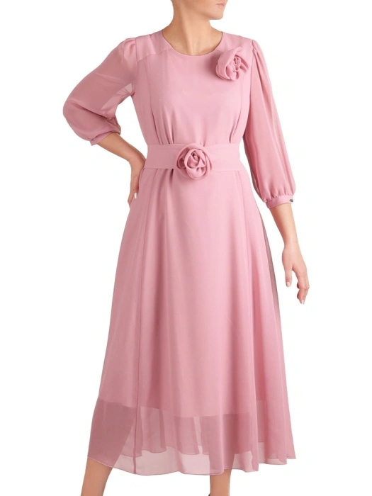 Rozkloszowana sukienka maxi w odcieniu brudnego różu – elegancki fason z rękawem 3/4 wysmuklający talię 41269