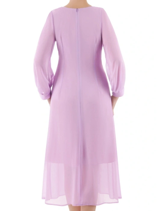 Elegancka sukienka rozkloszowana midi z falbanami liliowa – kobiecy krój tuszujący biodra 35366