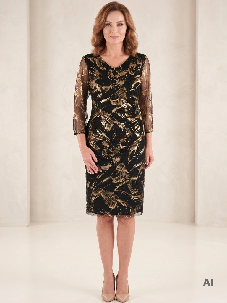 Czarno-złota sukienka wieczorowa midi o prostym kroju – efektowne marszczenie i brokatowe zdobienie 40839