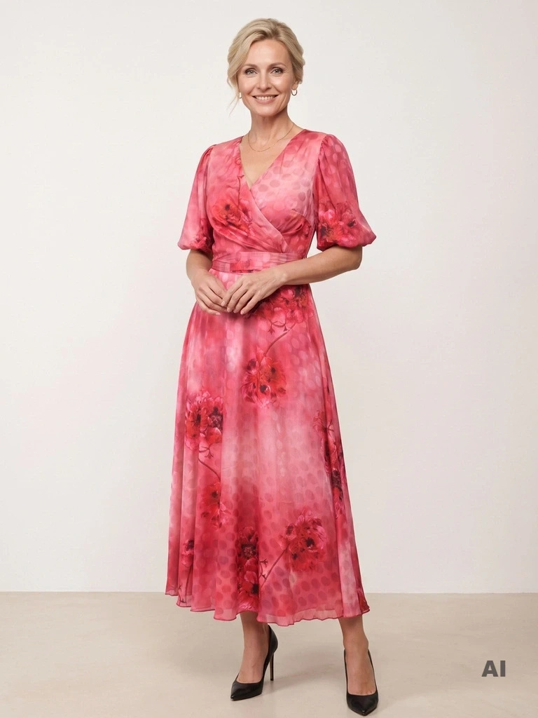 Czerwona sukienka maxi z szyfonu – elegancka sukienka w kwiaty z kopertowym dekoltem i bufkami, idealna na wesele 40208