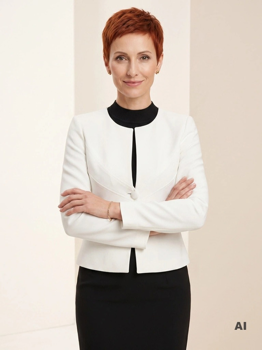 Elegancki biały żakiet z okrągłym dekoltem – prosty krój z przeszyciami modelującymi talię 3371