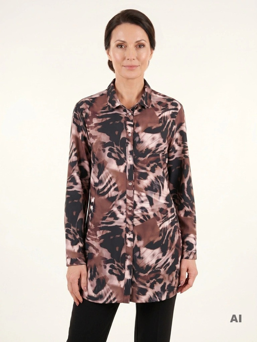 Elegancka koszula damska w zwierzęcy print – prosty fason z kołnierzykiem i rozcięciami 37379