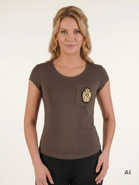 Elegancka bluzka damska khaki z krótkim rękawem – prosty fason z ozdobną kieszonką 11843