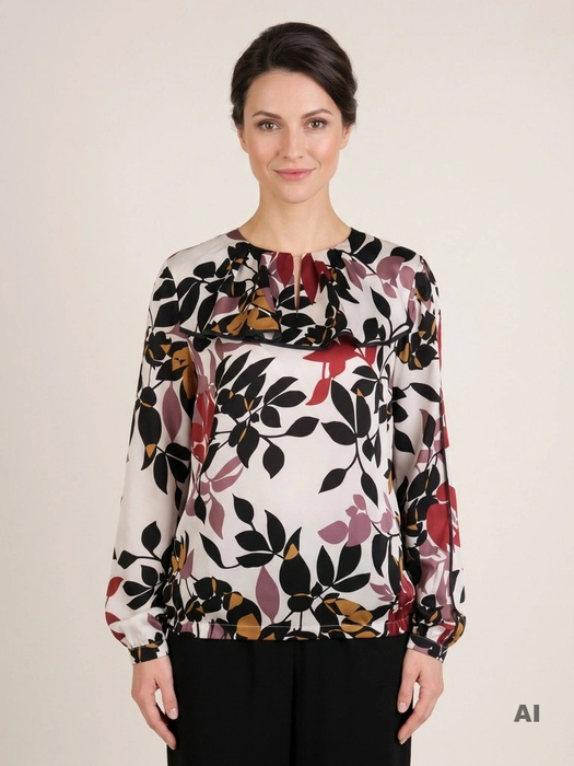 Elegancka bluzka z długim rękawem w liściasty print i dekoltem łódka – prosty fason maskujący talię, z ozdobną falbaną 14959
