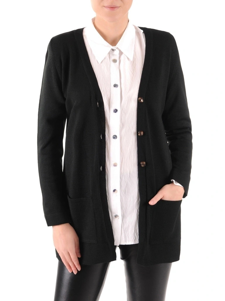 Elegancki czarny sweter damski rozpinany – prosty fason z kieszeniami na chłodniejsze dni 38912