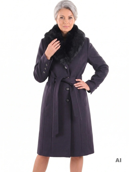 Elegancki płaszcz zimowy damski w kolorze granatowym – prosty fason z wyszczuplającymi przeszyciami 27789
