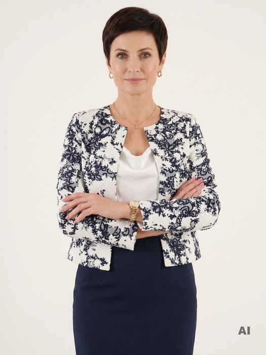 Biało-granatowy żakiet damski w kwiaty do sukienki – prosty krój zapewniający elegancję i wygodę 36271