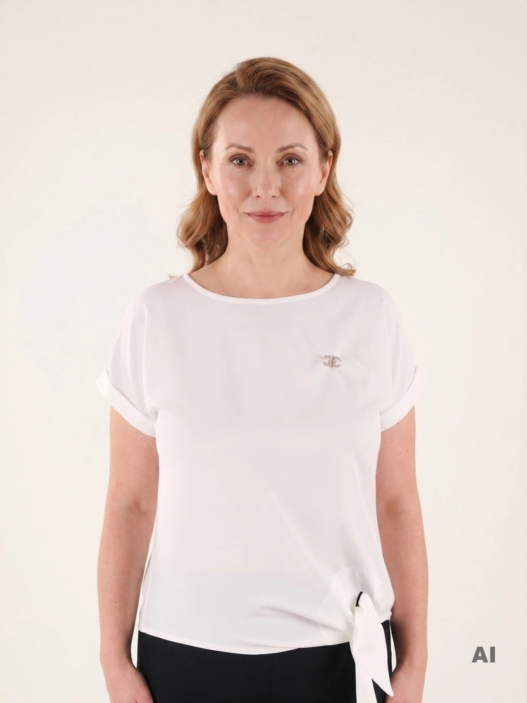 Biała bluzka wizytowa o prostym fasonie – ozdobne wiązanie subtelnie modelujące sylwetkę 38429