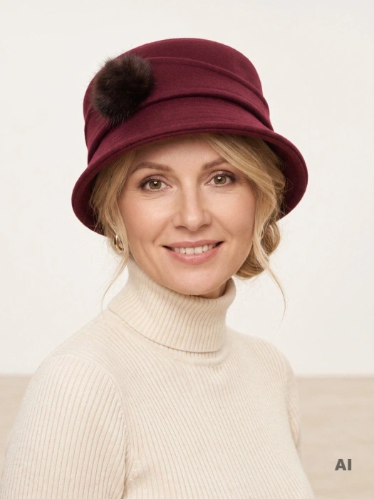 Elegancki kapelusz cloche w kolorze buraczkowym – ciepły fason z regulowanym obwodem na chłodne dni 42358