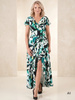 Zielona wizytowa sukienka maxi z falbaną – asymetryczny rozkloszowany krój z kopertowym dekoltem 38462