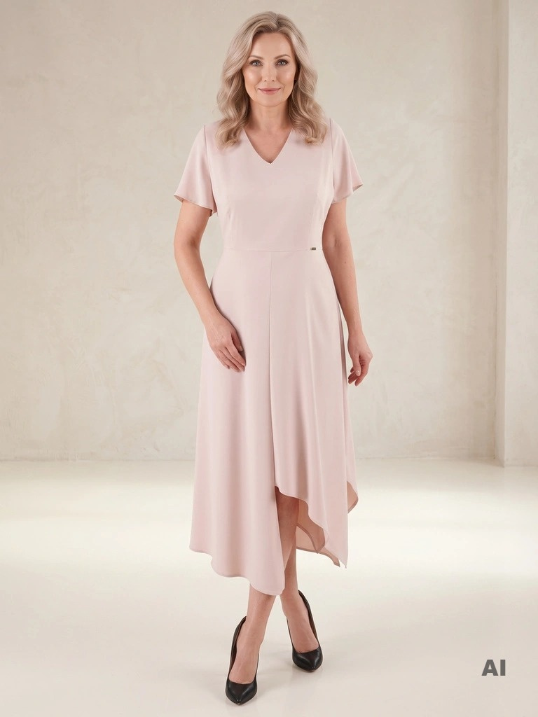 Elegancka sukienka rozkloszowana maxi w odcieniu beżu – wysmuklający krój z asymetrycznym dołem 39774