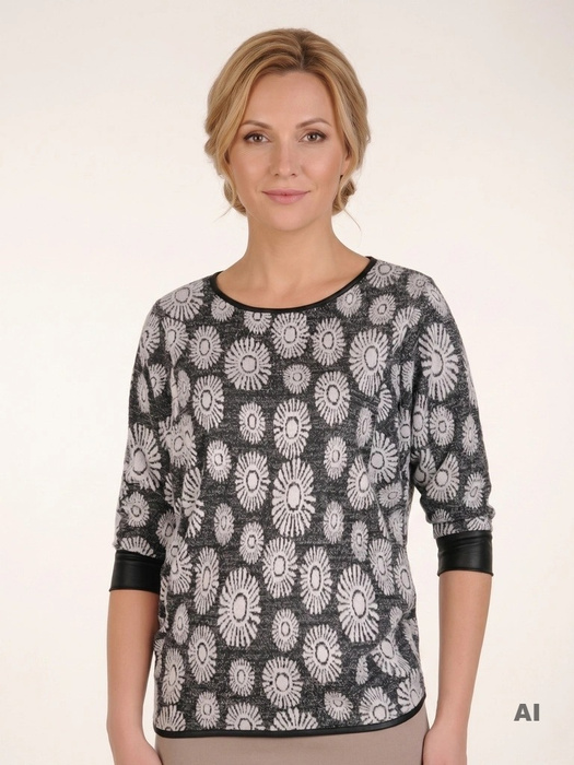 Elegancka bluzka wizytowa z wiskozy we wzory – prosty fason z ozdobnymi mankietami 8396