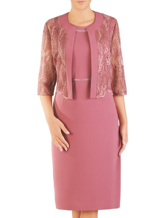 Elegancki pastelowy komplet, prosta sukienka z koronkowym żakietem 30415