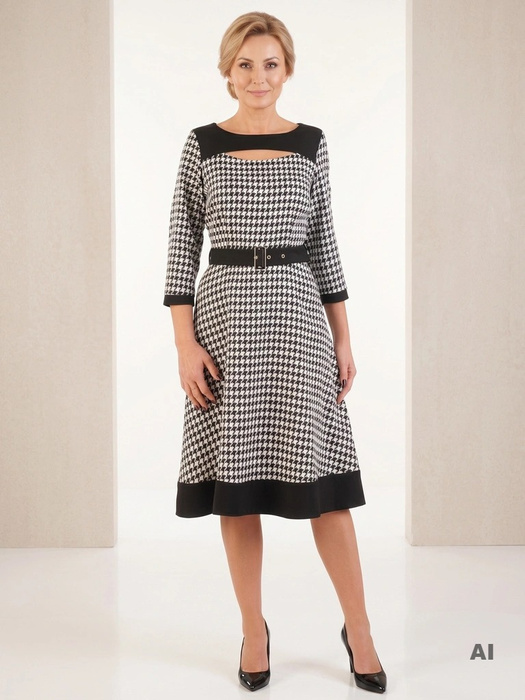 Elegancka sukienka rozkloszowana midi w pepitkę – kobiecy model z dekoltem w łódkę i paskiem 32345