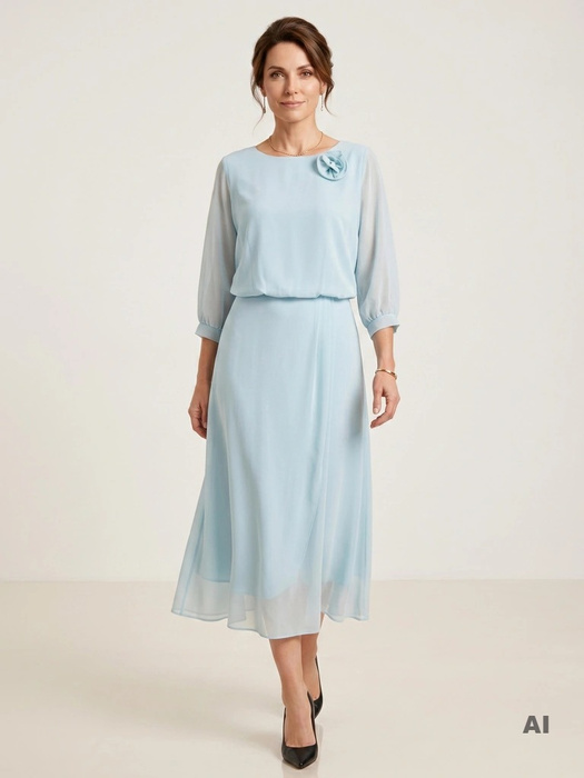 Elegancka sukienka rozkloszowana maxi w odcieniu mięty – wysmuklający dekolt w łódkę i rękaw 3/4 41695