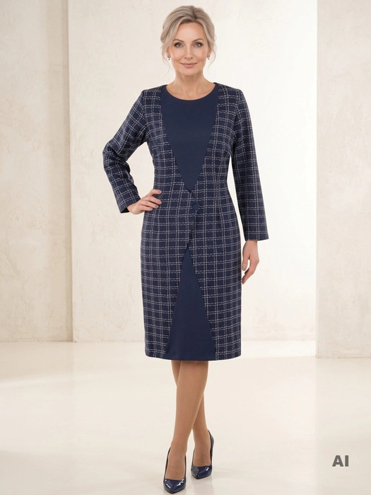 Granatowa sukienka midi w kratę z długim rękawem – elegancki, prosty fason modelujący sylwetkę 31343