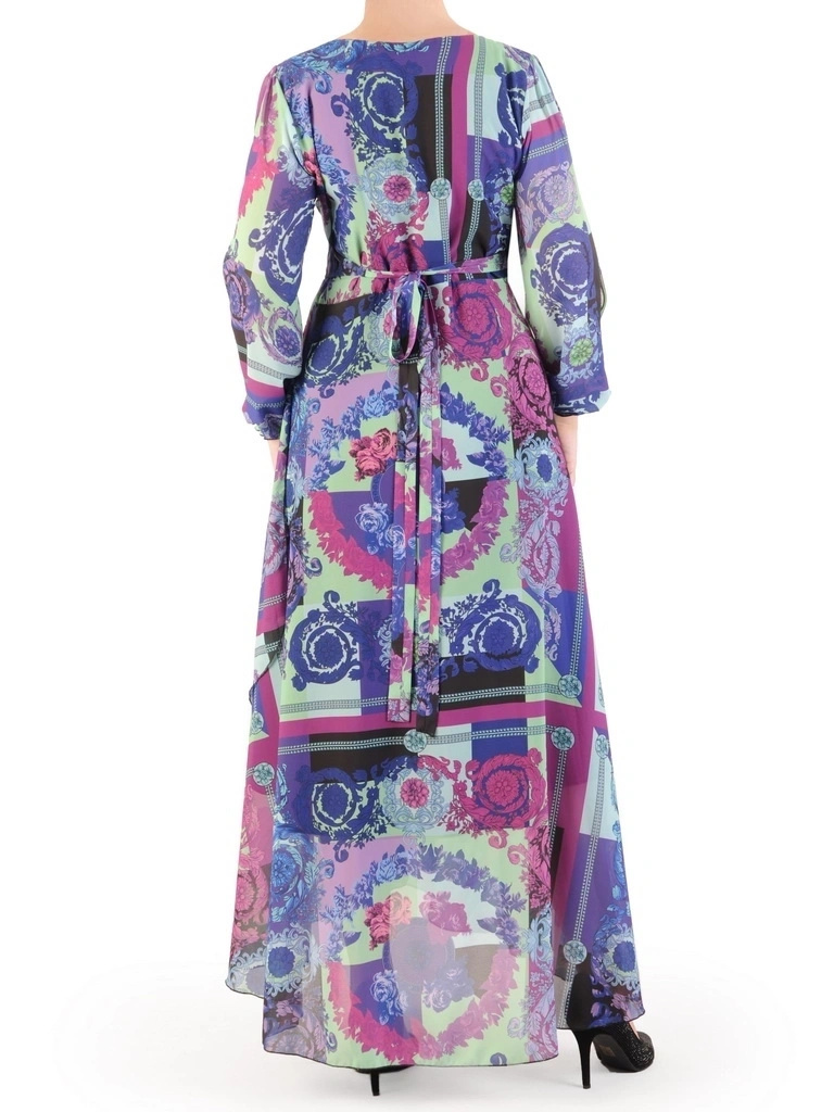 Elegancka wzorzysta sukienka maxi – kopertowy krój z wiązaniem podkreślającym talię 34541