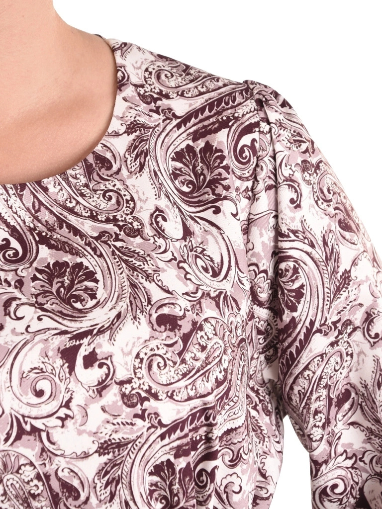 Elegancka fioletowa bluzka wizytowa o kroju trapezu – tuszujący fason z wiązaniem 42228