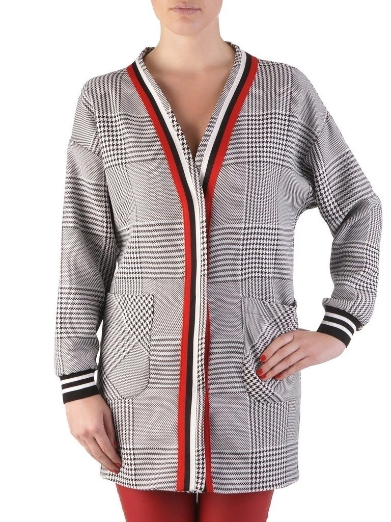 Elegancka szara kurtka damska w kratę i pepitkę – prosty fason z ozdobną lamówką 17591