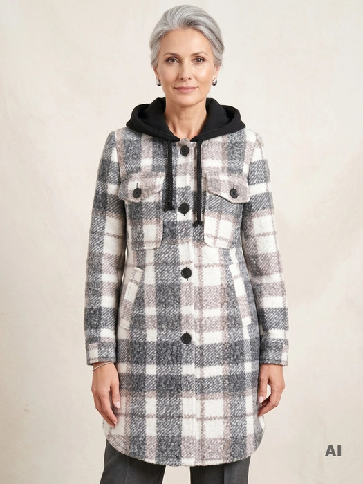 Elegancki płaszcz zimowy damski w kratkę z kapturem – prosty krój z ozdobnym zapięciem 36652