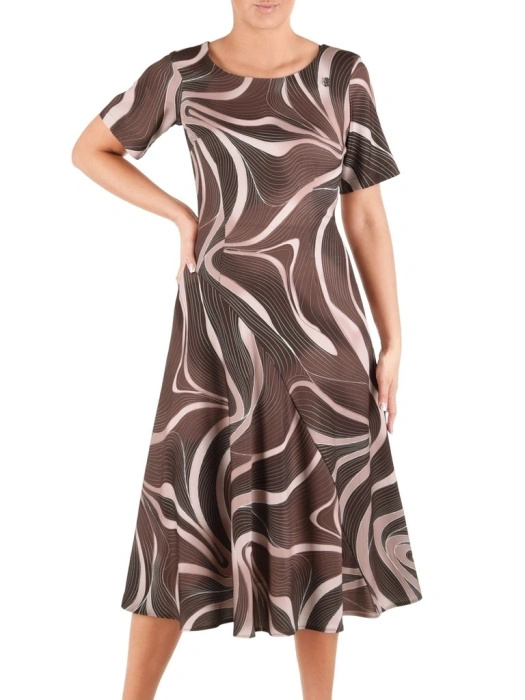Brązowa sukienka rozkloszowana midi we wzory – fason tuszujący biodra z eleganckim dekoltem 42065