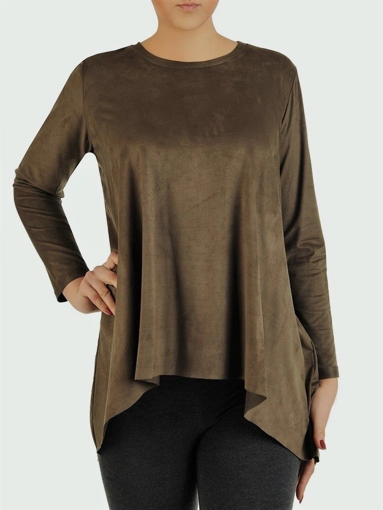 Elegancka bluzka wizytowa z długim rękawem khaki – asymetryczny fason maskujący biodra 7335