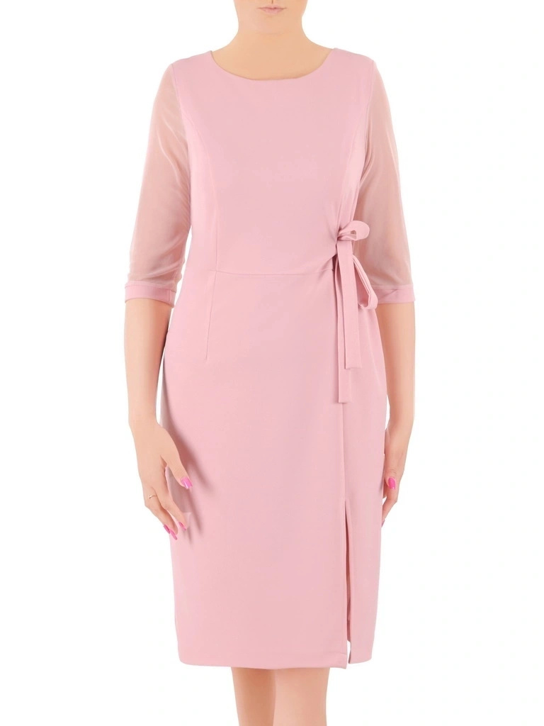 Elegancka sukienka midi z rękawem 3/4 w odcieniu brudnego różu – prosty krój podkreślający talię 36223
