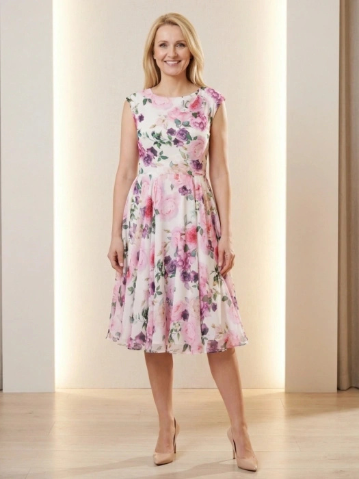 Elegancka rozkloszowana sukienka na wesele w kwiaty – lekki fason midi z dekoltem w łódkę 35809