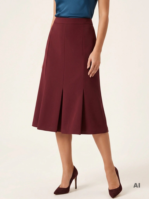 Bordowa spódnica trapezowa midi na jesień i zimę – stylowe kontrafałdy modelujące biodra 37224