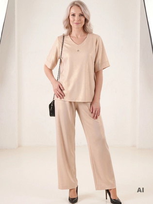 Złoty komplet: spodnie wide leg i bluzka V-neck – wydłużający sylwetkę zestaw na lato 39817