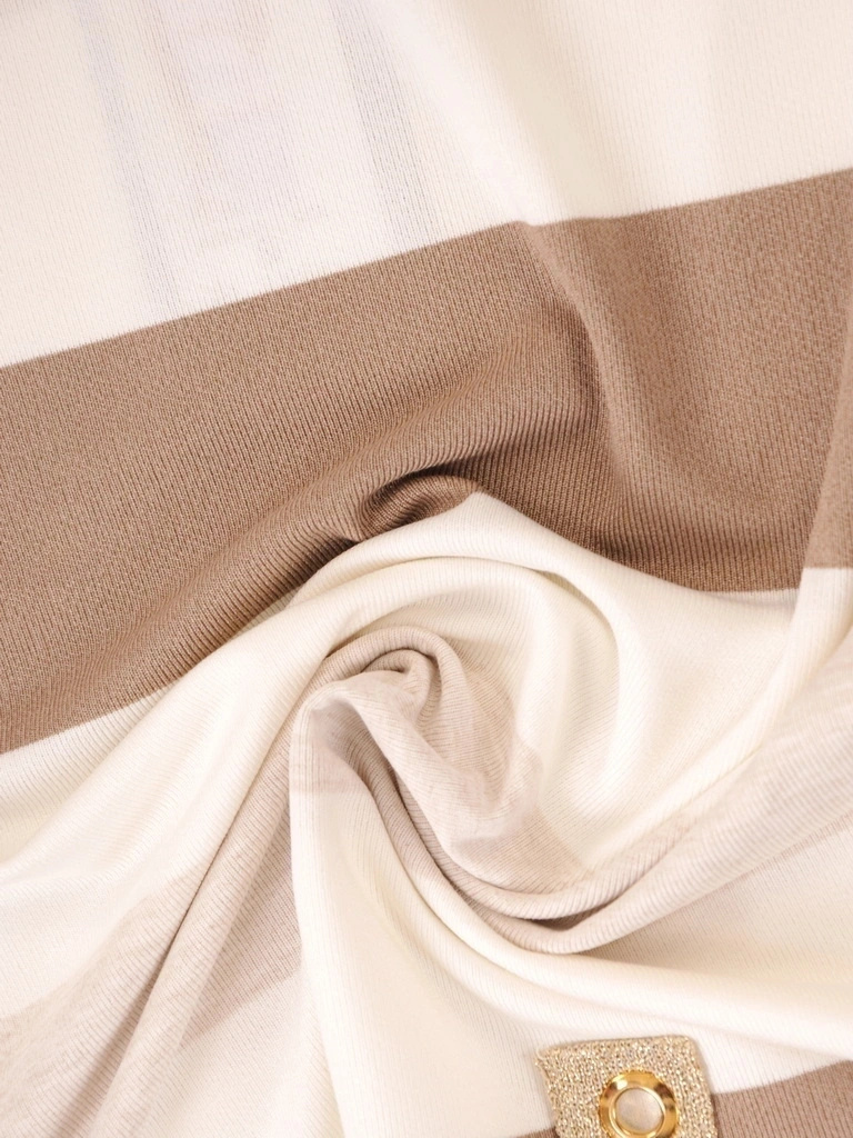 Elegancka bluzka wizytowa w beżowe paski – prosty fason z ozdobnymi tasiemkami 37943