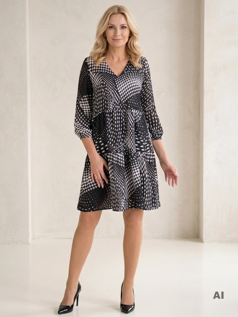 Elegancka sukienka trapezowa midi w biały wzór – kobiecy krój z rękawem 3/4 27826