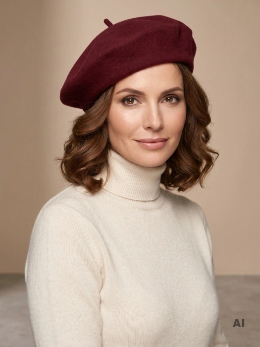 Elegancki beret damski wełniany bordowy – fason francuski z antenką, modne nakrycie głowy na zimę 40890
