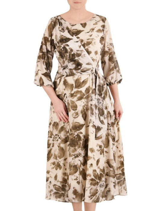Damska sukienka maxi w jesienne kwiaty khaki – rozkloszowany fason tuszujący biodra 41299
