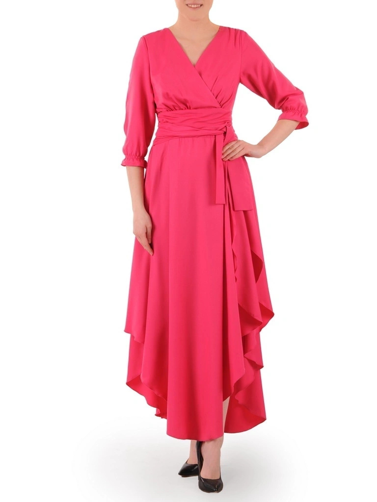 Elegancka suknia wieczorowa maxi w odcieniu amarantu – rozkloszowany dół z kobiecym wiązaniem 35948