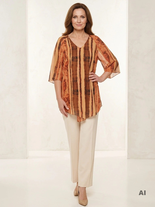 Elegancki komplet damski ze spodniami na wesele – wysmuklający asymetryczny krój w tonacji brązu 31887