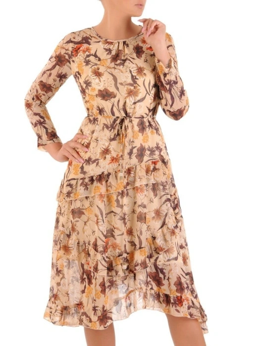 Elegancka sukienka rozkloszowana midi w kwiaty – dekolt łódka i wiązanie modelujące sylwetkę 29016