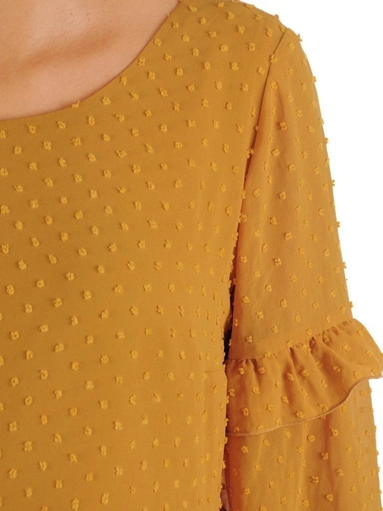 Elegancka musztardowa sukienka trapezowa z długim rękawem – fason tuszujący biodra i podkreślający styl 27361