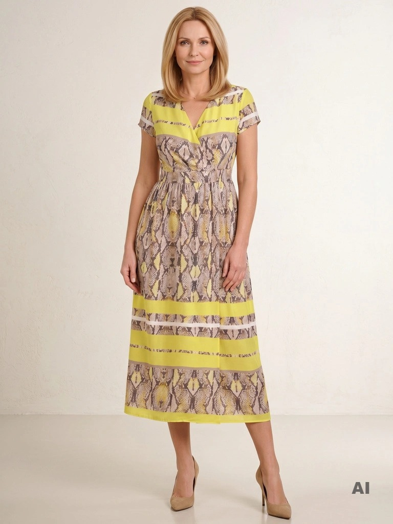 Żółta sukienka rozkloszowana maxi w zwierzęcy print – zwiewny fason z rozcięciem pięknie podkreślający talię 28282