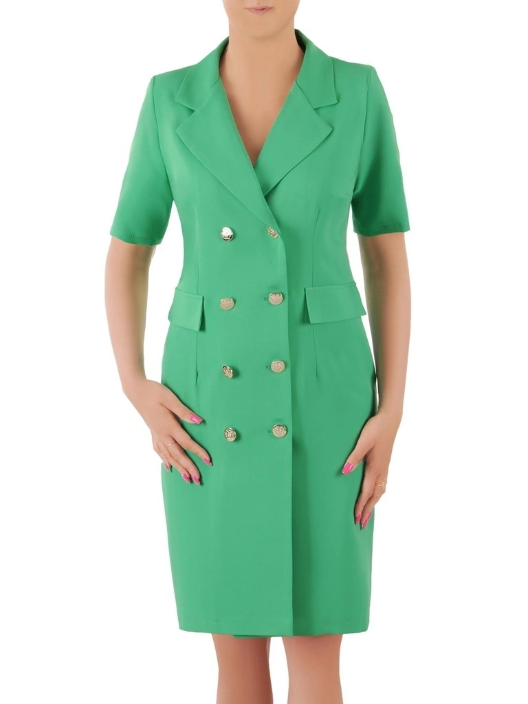 Elegancka zielona sukienka kopertowa midi – pionowe zaszewki wyszczuplające sylwetkę 36236
