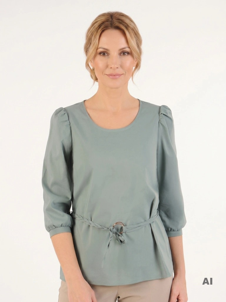 Elegancka zielona bluzka bawełniana – prosty fason z wiązaniem modelującym sylwetkę 33581