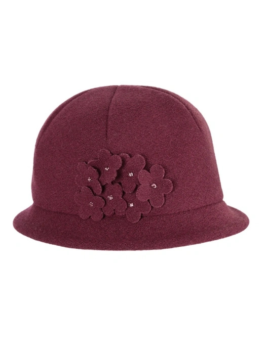 Elegancki kapelusz damski zimowy cloche – bordowy fason z regulacją i ozdobnym kwiatem 42385