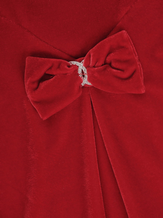 Luźna sukienka z aksamitu z ozdobną kokardą na dekolcie 31895
