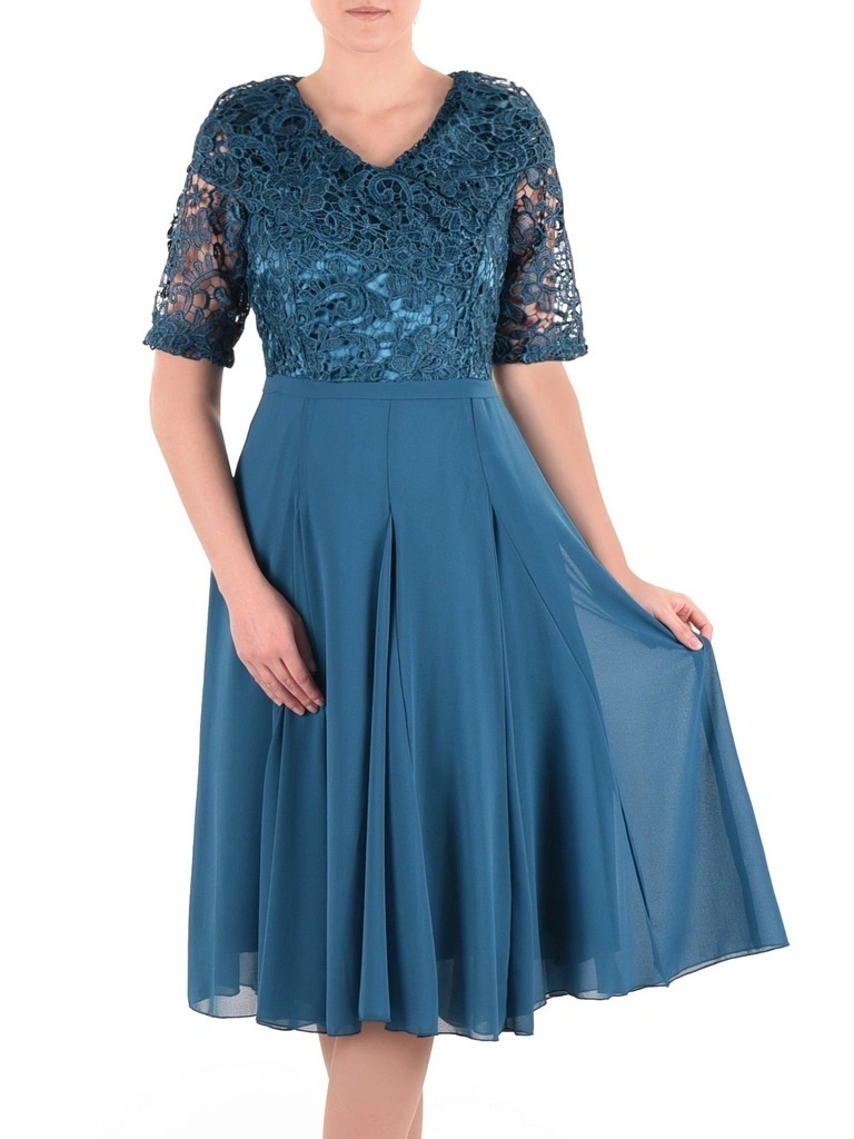 Elegancka sukienka rozkloszowana na wesele morska – zaszewki wysmuklające sylwetkę 23144