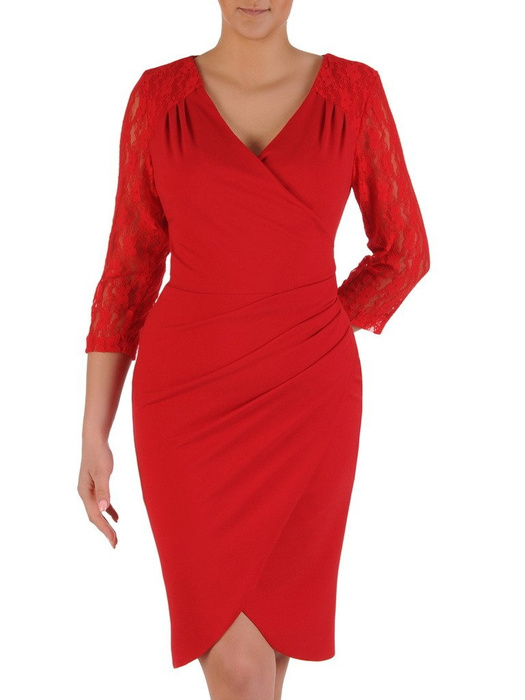Czerwona sukienka, kopertowa kreacja z koronkowymi rękawami 20049.