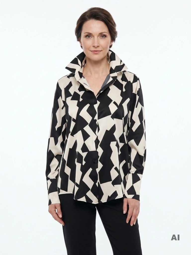 Czarno-kremowa koszula plus size z geometrycznym printem – luźny fason wysmuklający sylwetkę, idealna do biura 38281