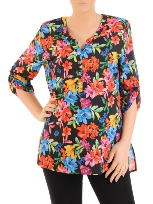 Kobieca tunika plus size w kwiecisty wzór z dekoltem V – fason z dłuższym tyłem, wysmuklający na co dzień 34762